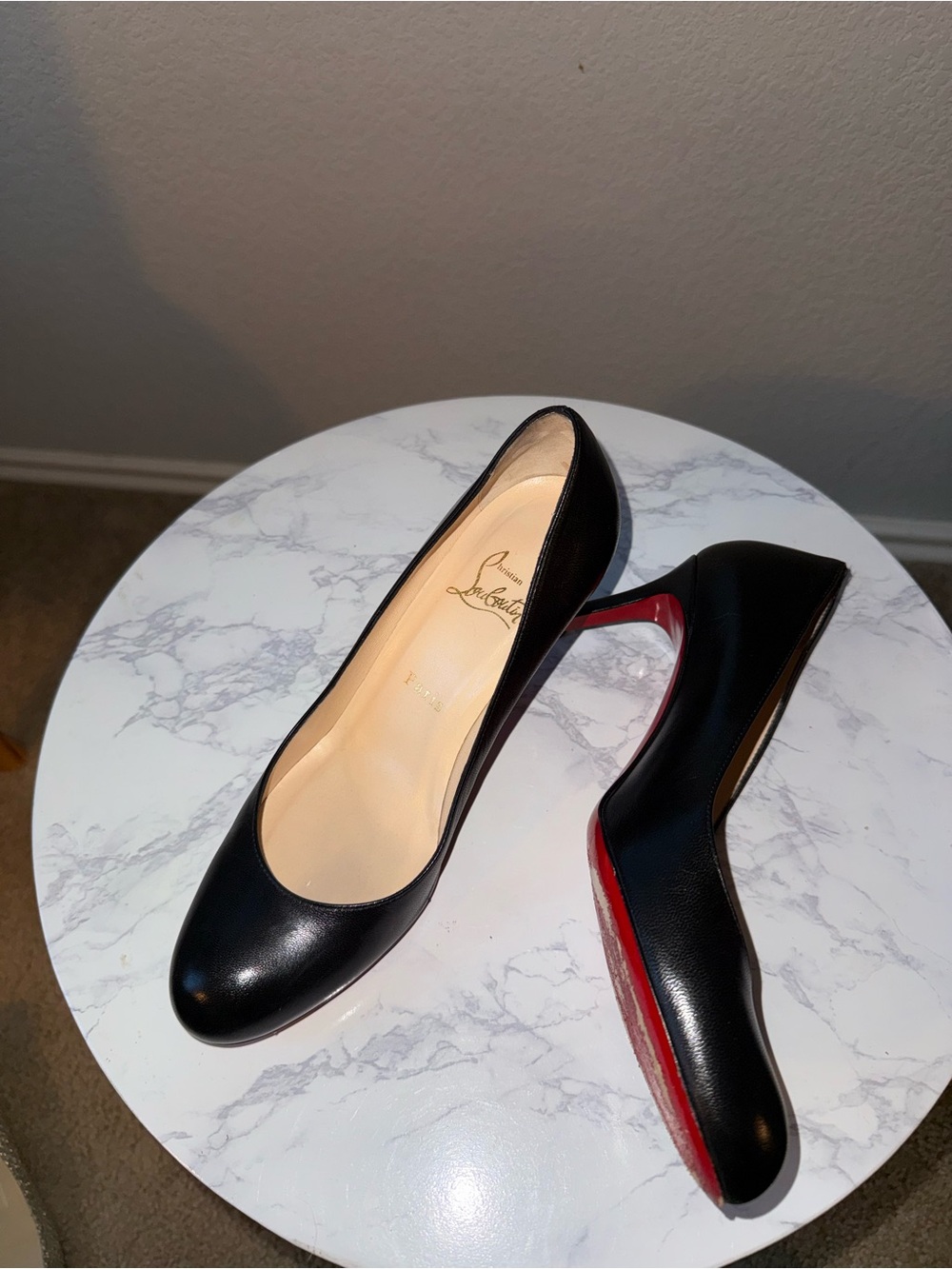 Christian Louboutin Black Leather Round-Toe Pumps with Red Sole